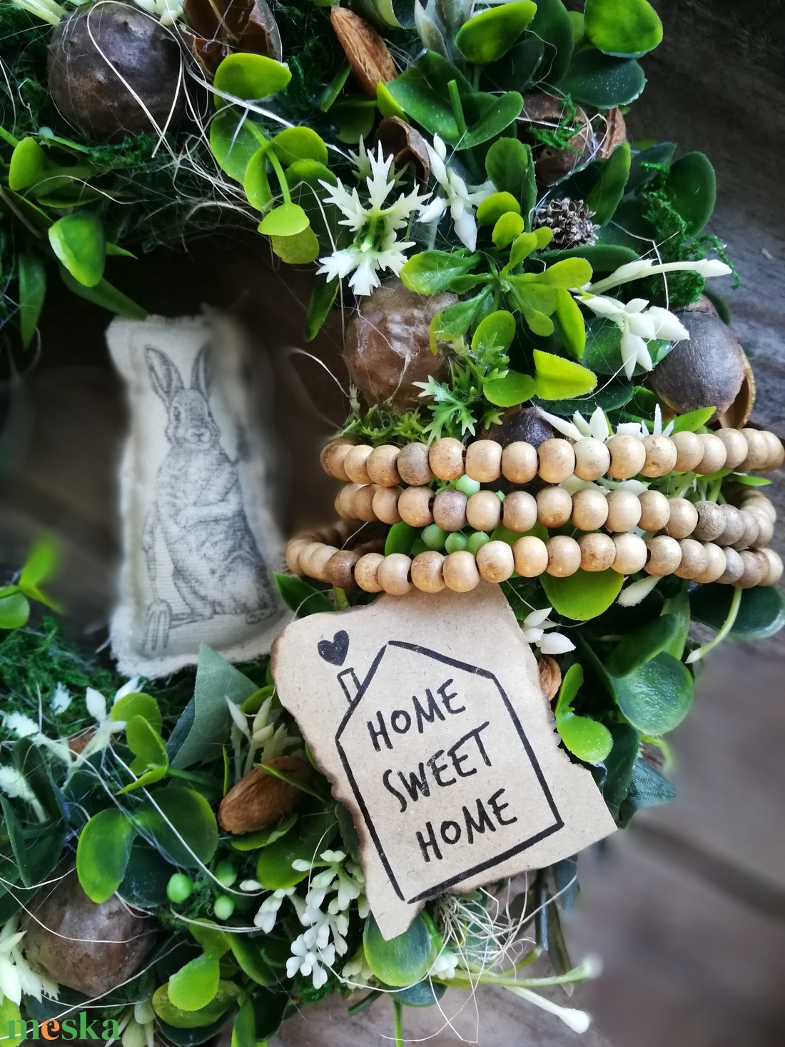 Tavaszi zöld növényes kézműves dekoráció, nyuszival - 27 cm - otthon & életmód - dekoráció - ajtó- és ablak dekoráció - ajtódísz & kopogtató - Meska.hu