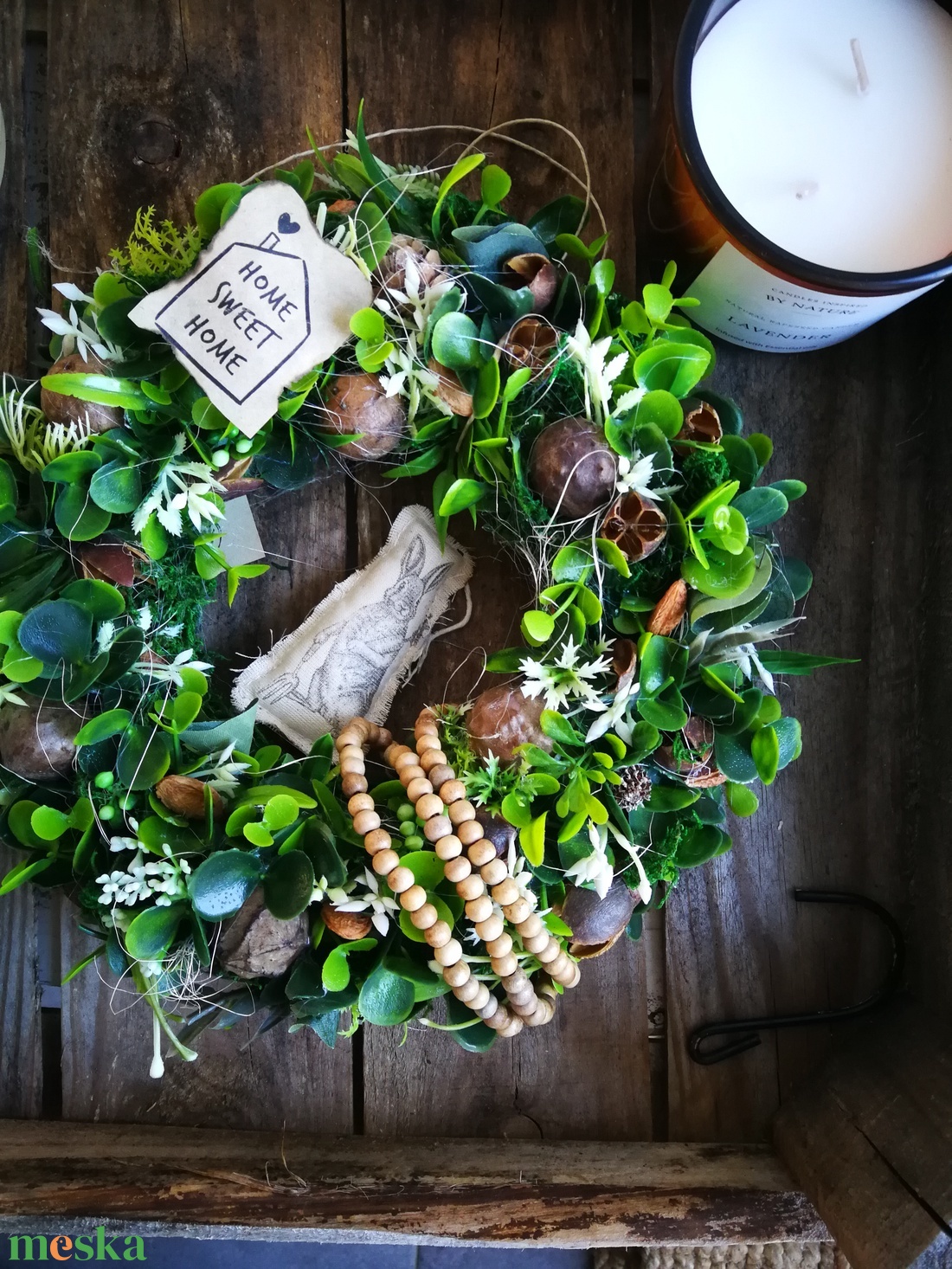 Tavaszi zöld növényes kézműves dekoráció, nyuszival - 27 cm - otthon & életmód - dekoráció - ajtó- és ablak dekoráció - ajtódísz & kopogtató - Meska.hu