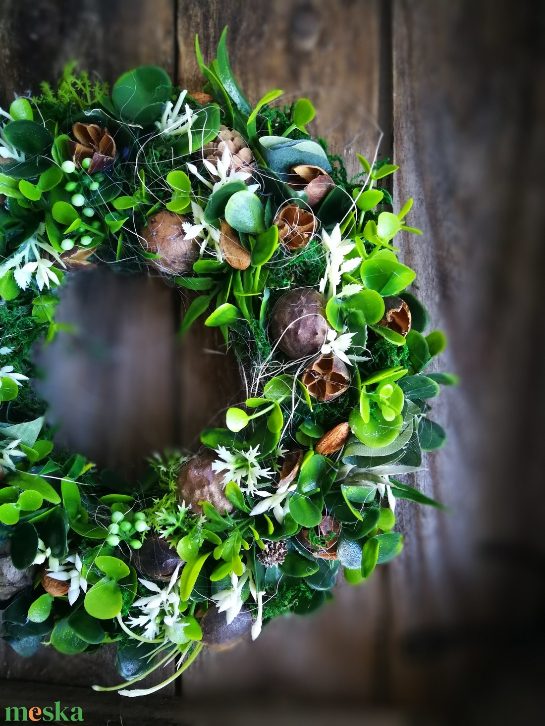 Tavaszi zöld növényes kézműves dekoráció, nyuszival - 27 cm - otthon & életmód - dekoráció - ajtó- és ablak dekoráció - ajtódísz & kopogtató - Meska.hu