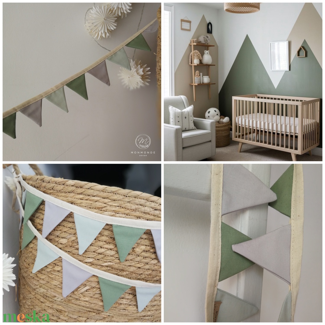 Zászlófüzér, Textil Girland Dekoráció, Babaszoba Dekor, MINI Háromszög Zászló - otthon & életmód - dekoráció - fali és függő dekoráció - girland, zászlófűzér - Meska.hu