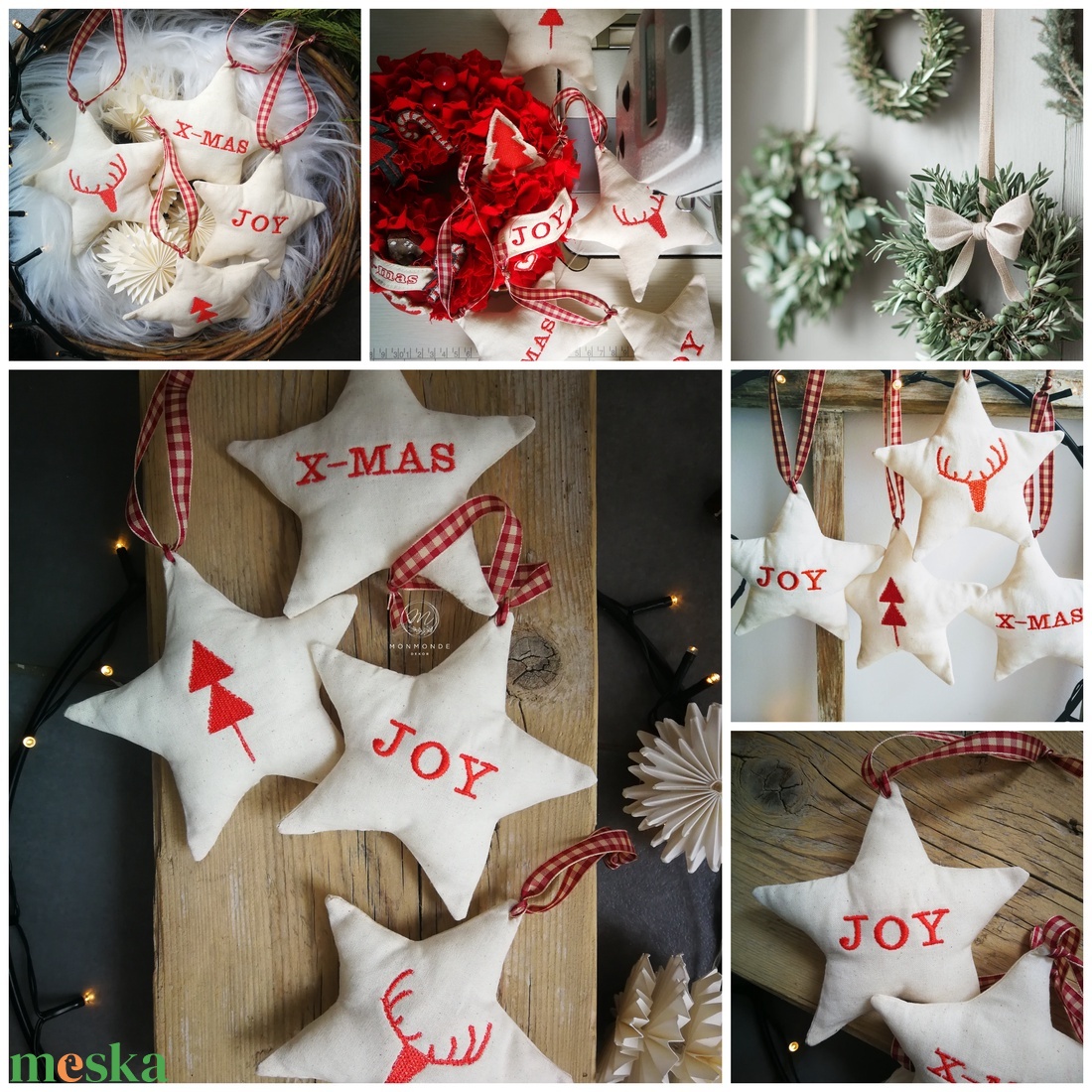 Függődísz dekorációs kiegészítő, csillag - 4 darabos hímzett szett  - karácsony - karácsonyi lakásdekoráció - karácsonyfadíszek - Meska.hu