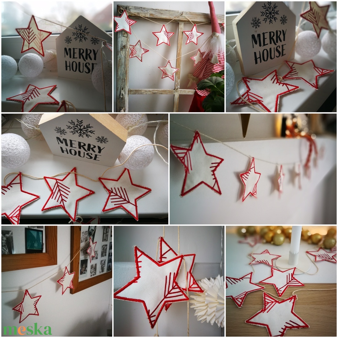 Karácsonyi textil csillag dekorációs girland  - karácsony - karácsonyi lakásdekoráció - karácsonyfadíszek - Meska.hu