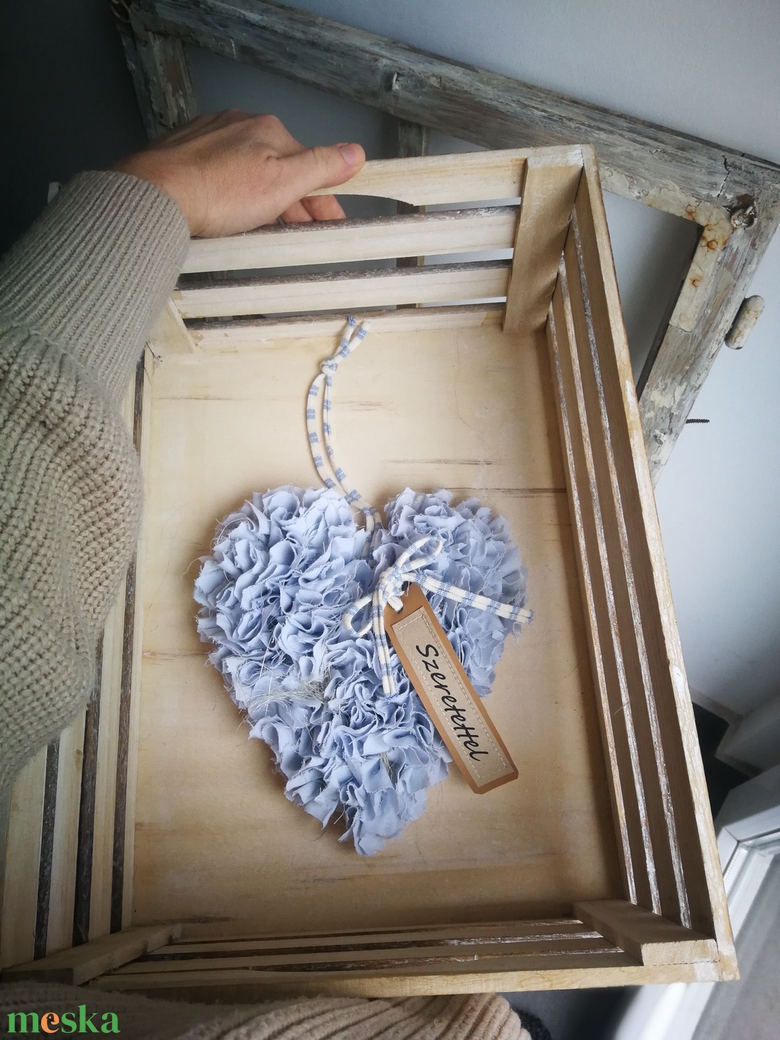 Textilszálas szív dekoráció, köszönőajándék - világoskék színben - otthon & életmód - dekoráció - ajtó- és ablak dekoráció - ajtódísz & kopogtató - Meska.hu