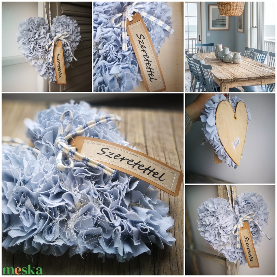Textilszálas szív dekoráció, köszönőajándék - világoskék színben - otthon & életmód - dekoráció - ajtó- és ablak dekoráció - ajtódísz & kopogtató - Meska.hu