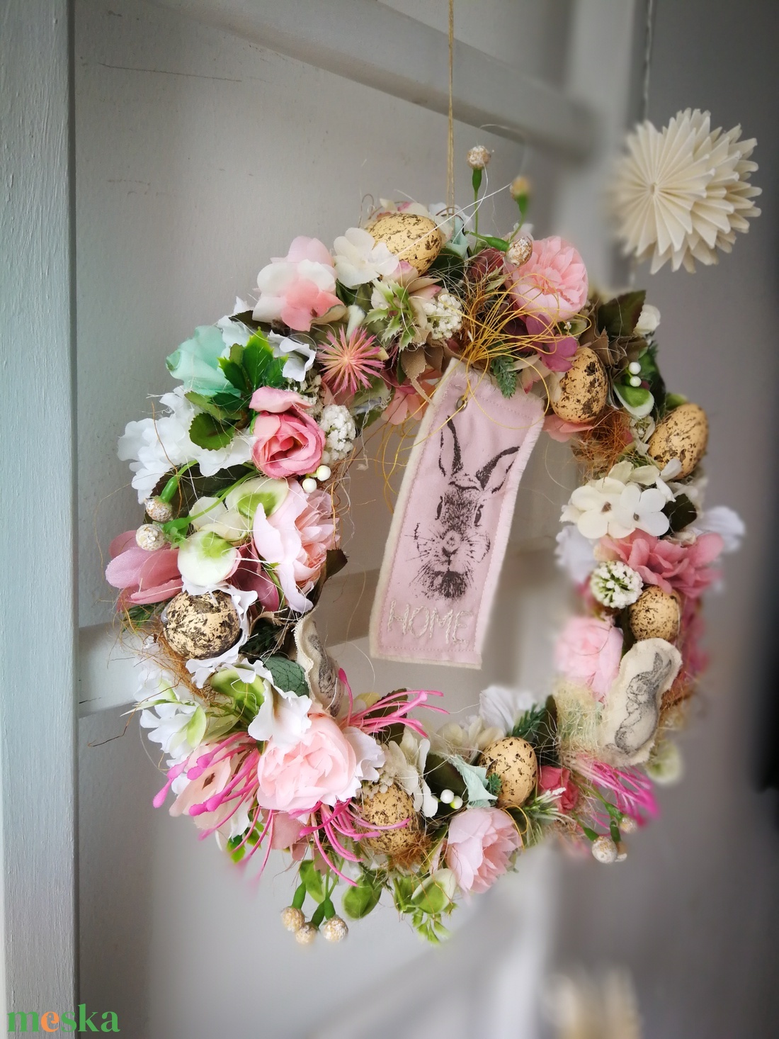 Húsvéti pasztell tojásfészek dekoráció, kopogtató - 30 cm  - ünnepi díszek, dekorációk - húsvéti díszek és dekorációk - húsvéti ajtódísz, kopogtató - Meska.hu