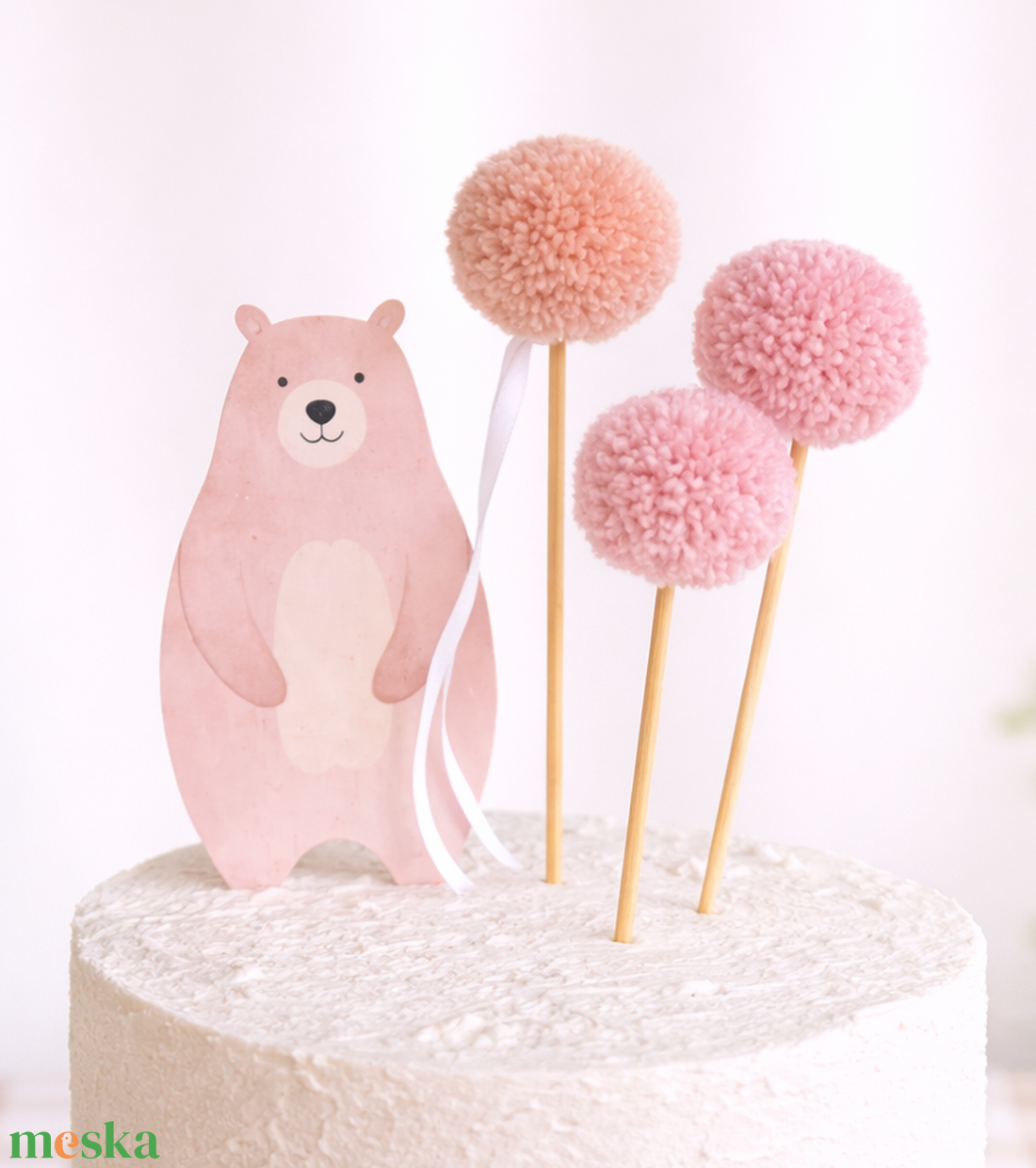 Rózsaszín tortadísz pompon szett � 3 db-os szülinapi dekor - otthon & életmód - konyhafelszerelés, tálalás - sütés, főzés - sütidísz - Meska.hu