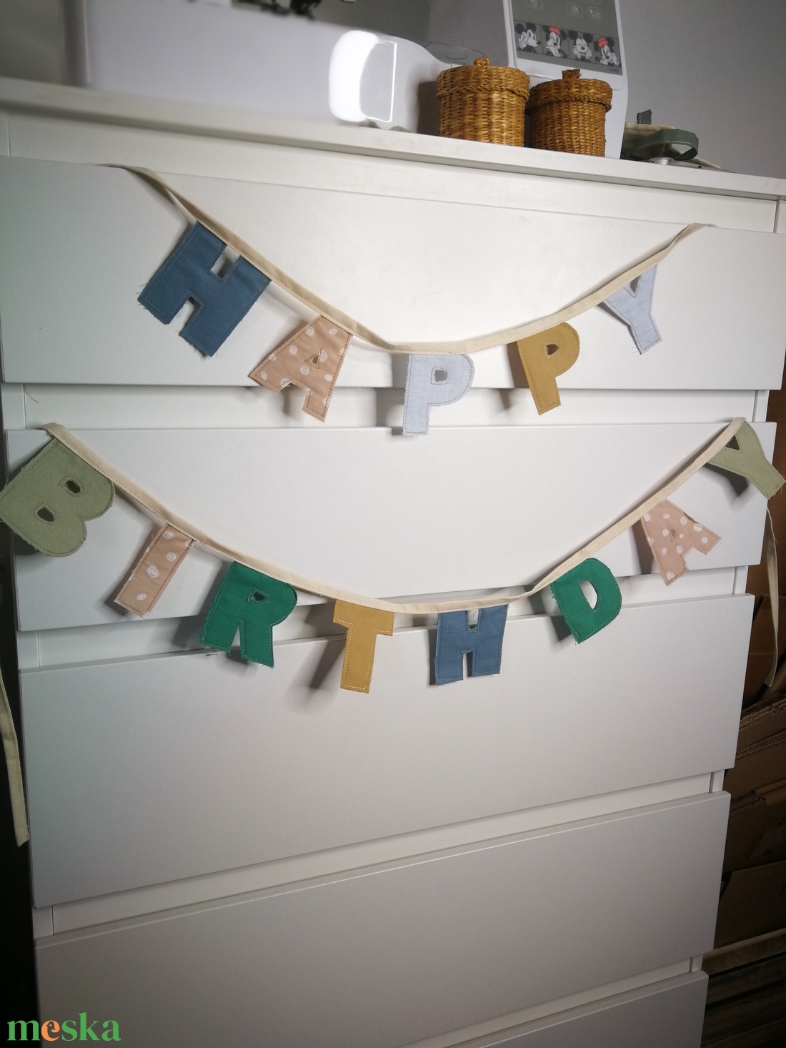 Szülinapi dekoráció - textil Happy Birthday girland - baba - mama - babaszoba dekoráció - babaszoba füzér, girland  - Meska.hu