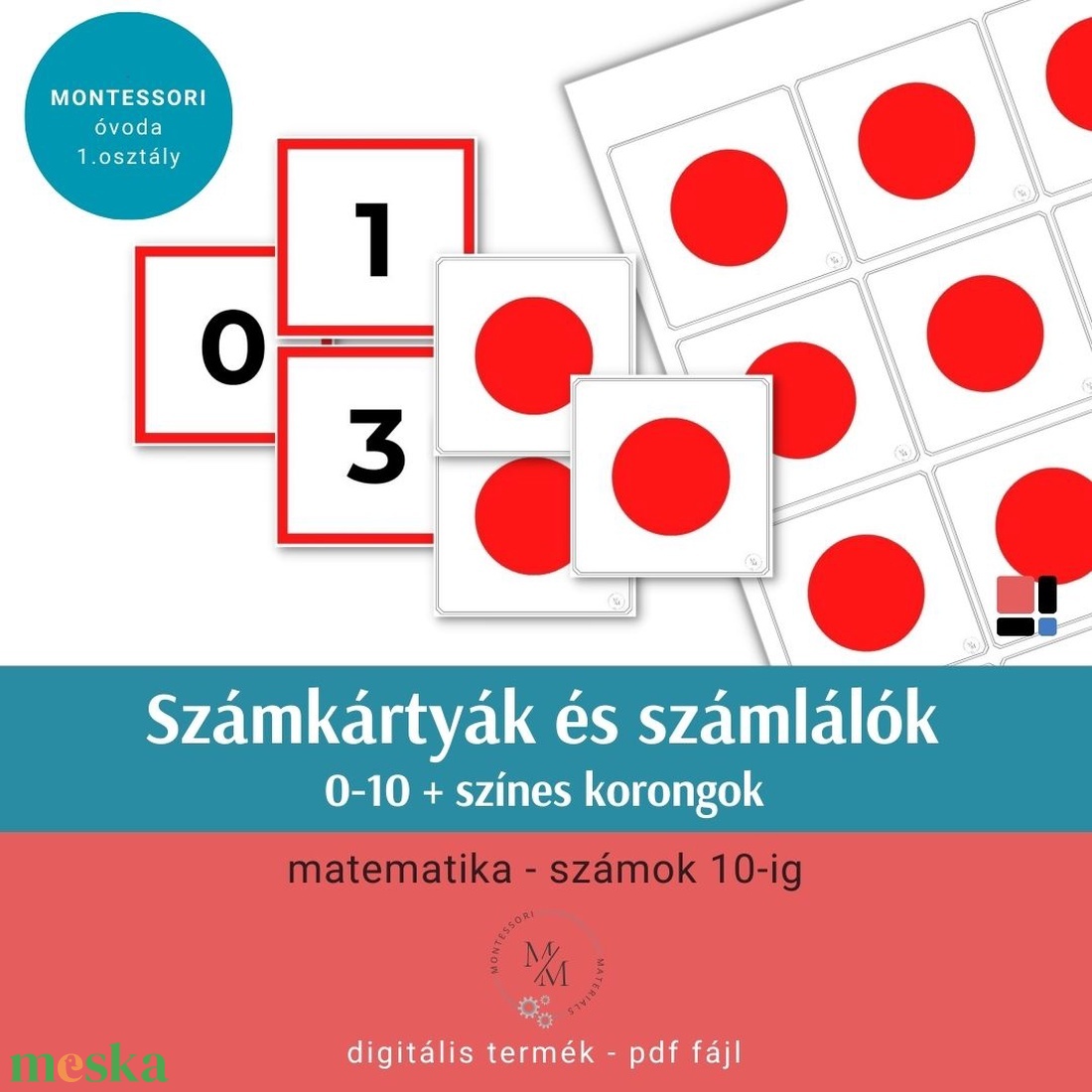 Montessori számkártyák és számlálók 0-10 színes korongok - játék & sport - készségfejlesztő és logikai játék - oktató játékok - Meska.hu