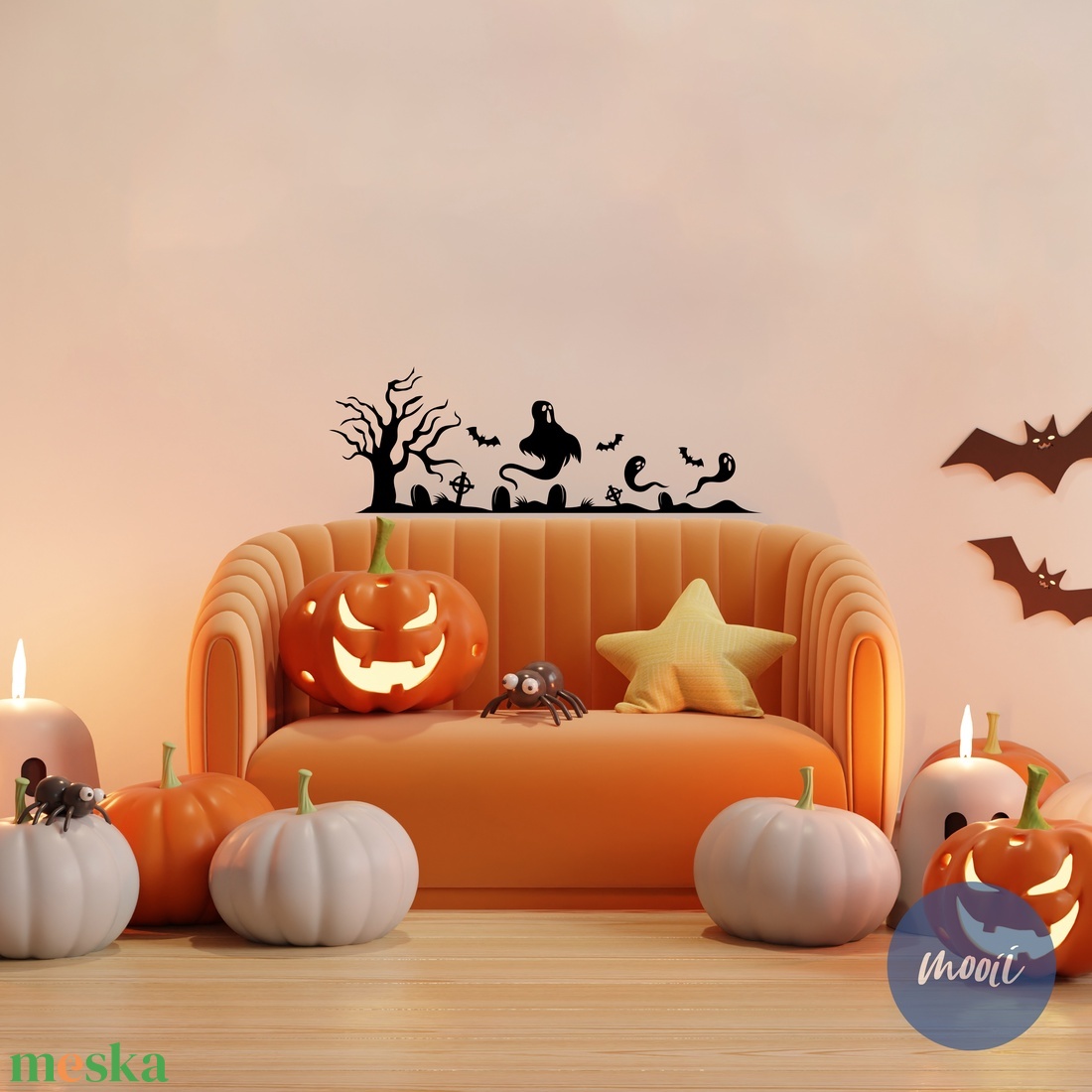 Halloween-i temető fával és szellemekkel - falmatrica, ablakmatrica - otthon & életmód - dekoráció - ajtó- és ablak dekoráció - ablakmatrica - Meska.hu