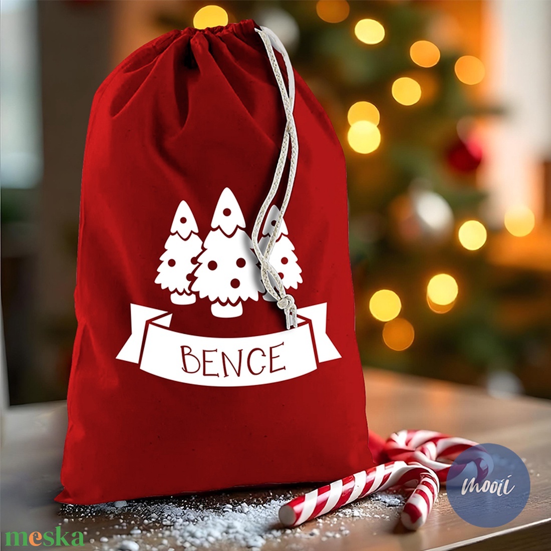Mikulás zsák a kisgyermek nevével - Mikulás sapkás, fenyőfás, hóemberes, rénszarvasos - karácsony - mikulás - mikulás zsák - Meska.hu