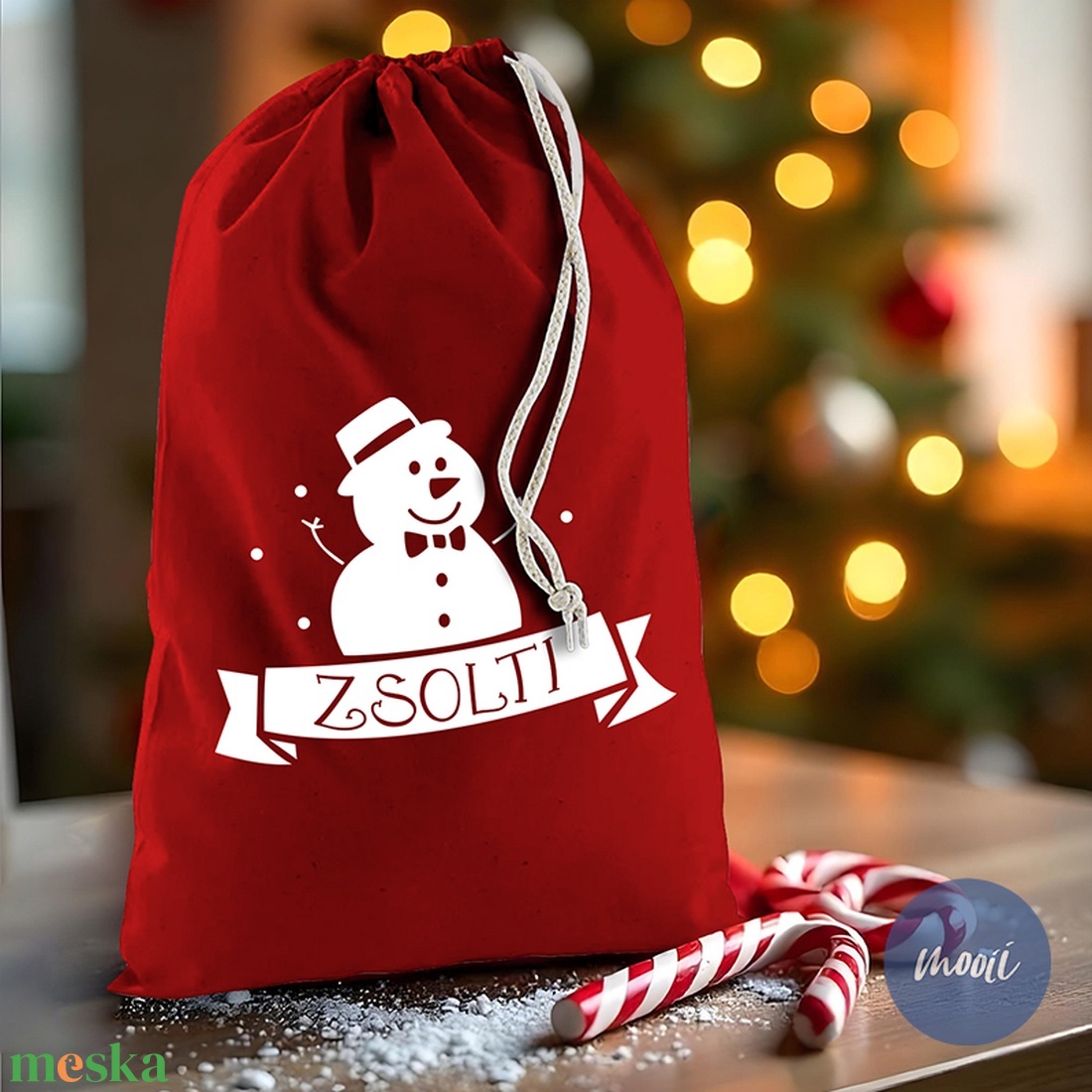 Mikulás zsák a kisgyermek nevével - Mikulás sapkás, fenyőfás, hóemberes, rénszarvasos - karácsony - mikulás - mikulás zsák - Meska.hu