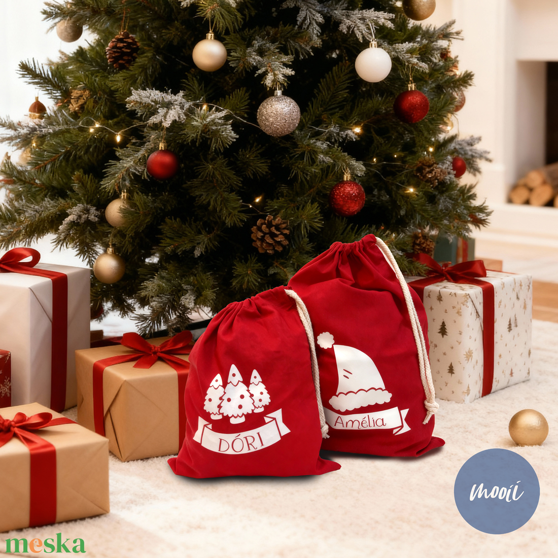 Mikulás zsák a kisgyermek nevével - Mikulás sapkás, fenyőfás, hóemberes, rénszarvasos - karácsony - mikulás - mikulás zsák - Meska.hu