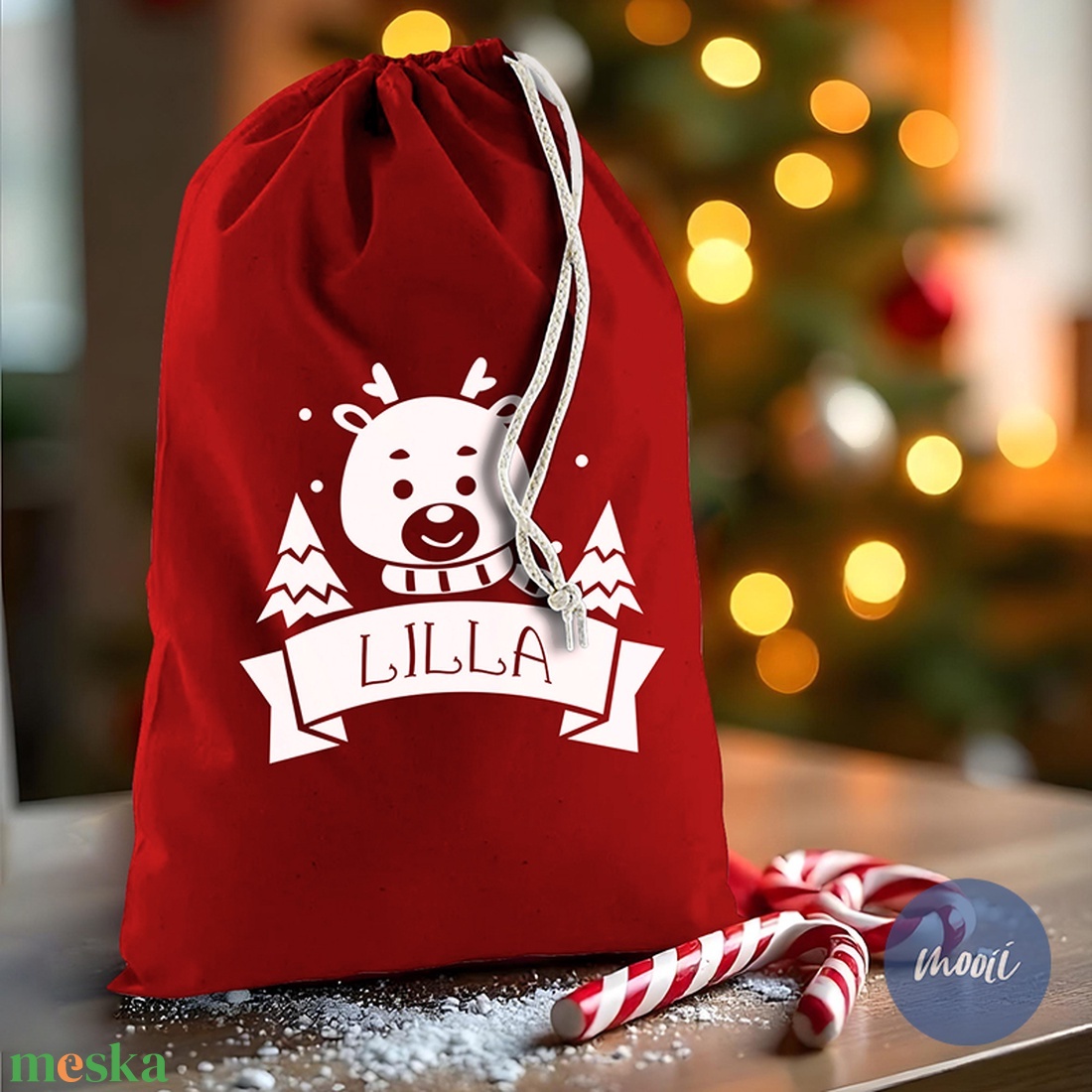 Mikulás zsák a kisgyermek nevével - Mikulás sapkás, fenyőfás, hóemberes, rénszarvasos - karácsony - mikulás - mikulás zsák - Meska.hu