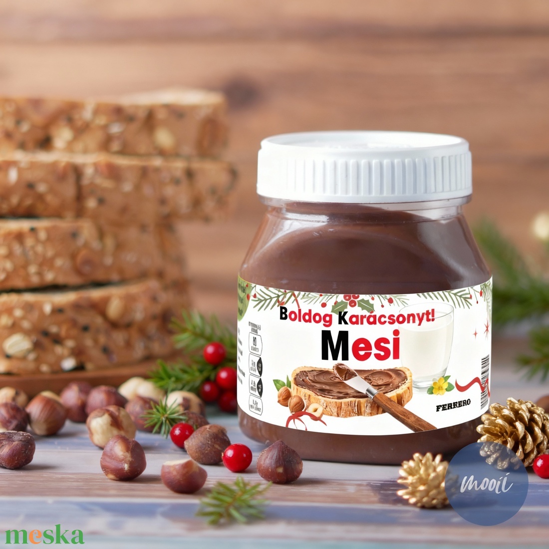 Névre szóló egyedi Nutella címke, girlandos, karácsonyi minta - öntapadó címke névre szóló karácsonyi ajándék - otthon & életmód - papír, írószer - matrica, matrica csomag - Meska.hu