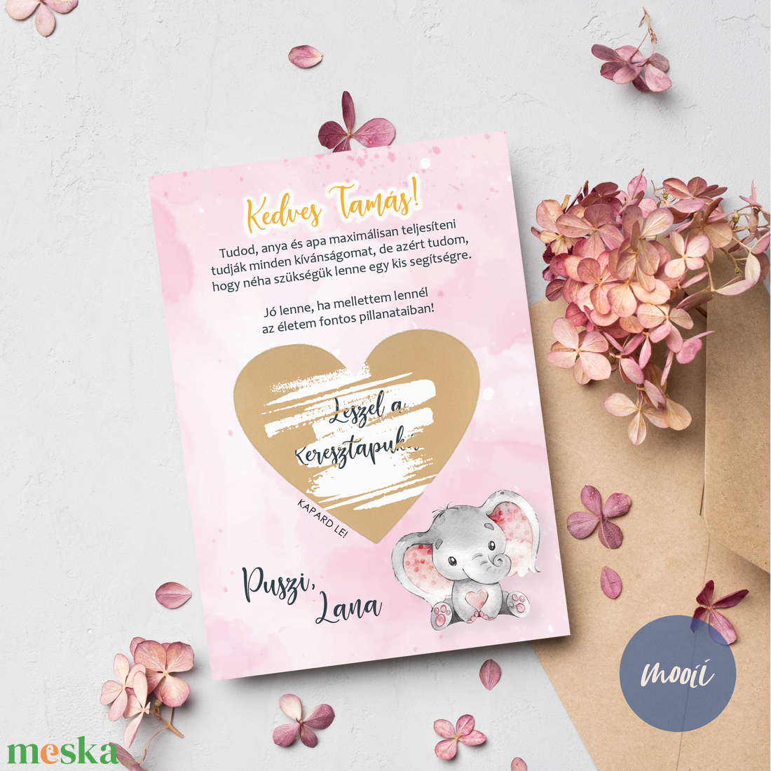 Kreatív keresztszülő felkérő, kaparós sorsjegy kártya A6 méretben RÓZSASZÍN - baba - mama - keresztelő kellékek - keresztszülő felkérő - Meska.hu