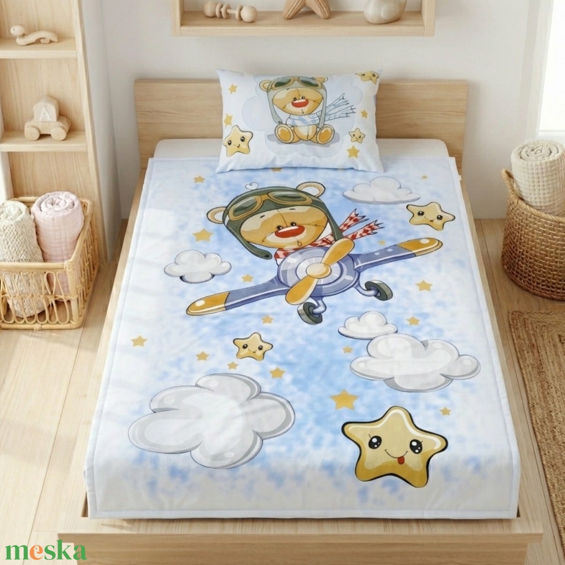 Pilóta macis ovis ágynemű szett - kék� töltött, pamut, egybevarrt - játék & sport - ovis felszerelés - ovis ágynemű - Meska.hu