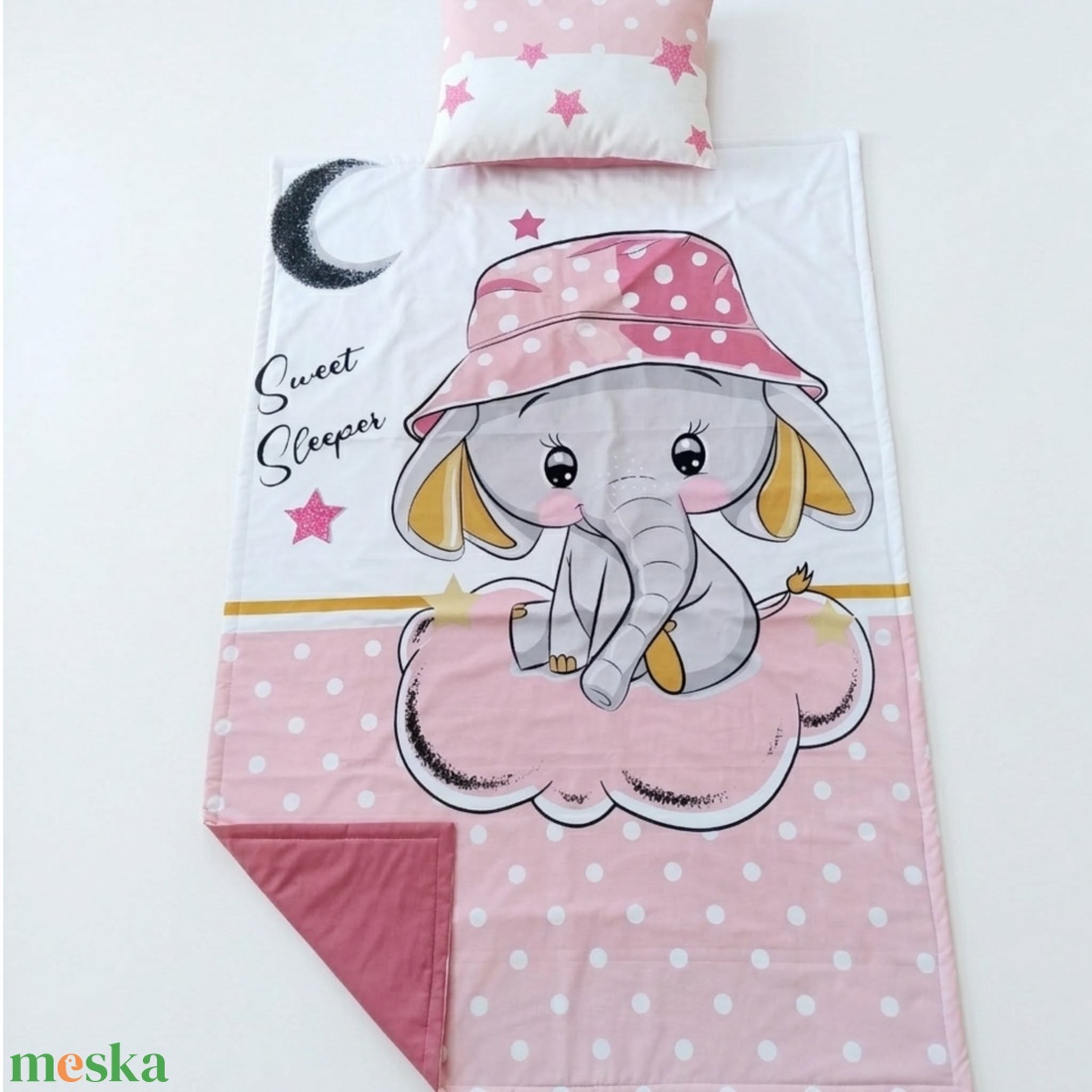 Elefántos pöttyös ovis ágynemű szett - rózsaszín� töltött, pamut, egybevarrt - játék & sport - ovis felszerelés - ovis ágynemű - Meska.hu