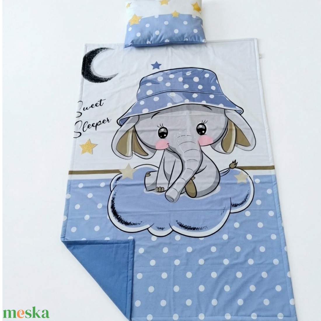 Elefántos pöttyös ovis ágynemű szett - kék� töltött, pamut, egybevarrt - játék & sport - ovis felszerelés - ovis ágynemű - Meska.hu