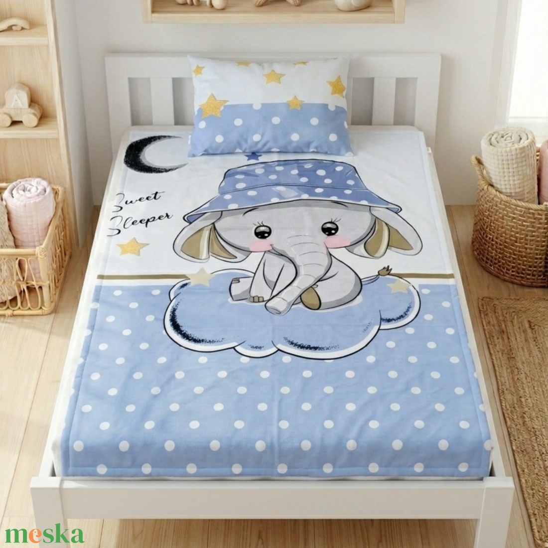 Elefántos pöttyös ovis ágynemű szett - kék� töltött, pamut, egybevarrt - játék & sport - ovis felszerelés - ovis ágynemű - Meska.hu