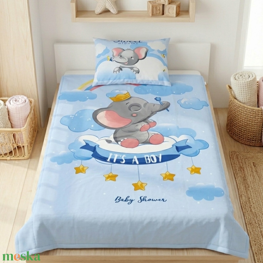 Elefántos ovis ágynemű szett - kék� töltött, pamut, egybevarrt - játék & sport - ovis felszerelés - ovis ágynemű - Meska.hu