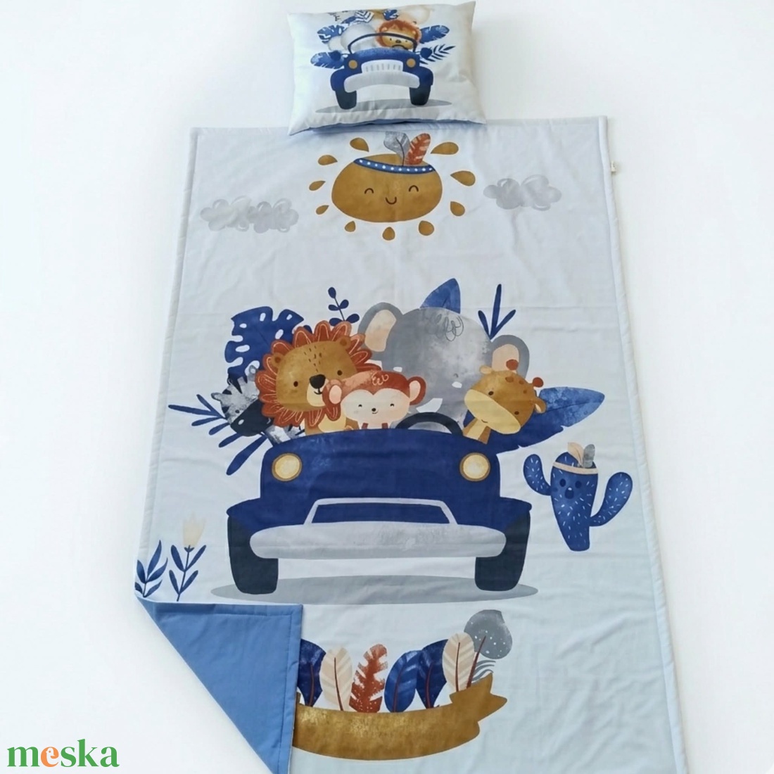 Autós állatos ovis ágynemű szett - kék� töltött, pamut, egybevarrt - játék & sport - ovis felszerelés - ovis ágynemű - Meska.hu