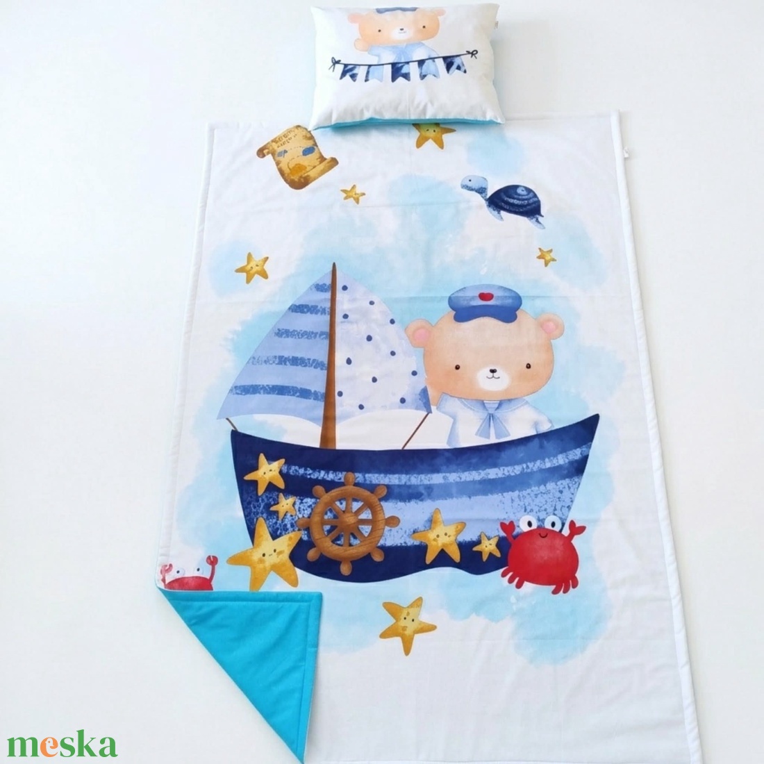 Tengerész macis ovis ágynemű szett - türkiz� töltött, pamut, egybevarrt - játék & sport - ovis felszerelés - ovis ágynemű - Meska.hu