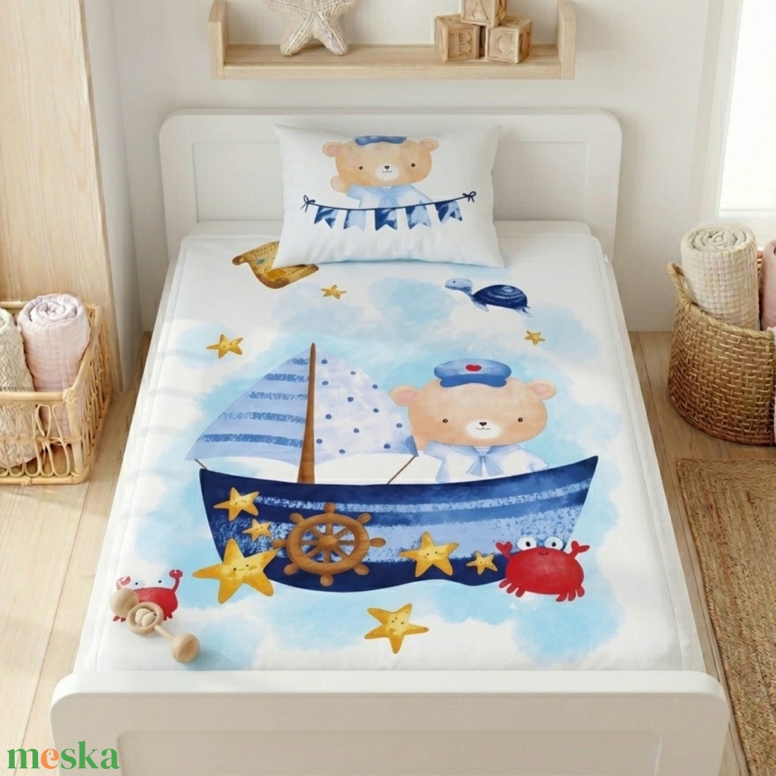 Tengerész macis ovis ágynemű szett - türkiz� töltött, pamut, egybevarrt - játék & sport - ovis felszerelés - ovis ágynemű - Meska.hu