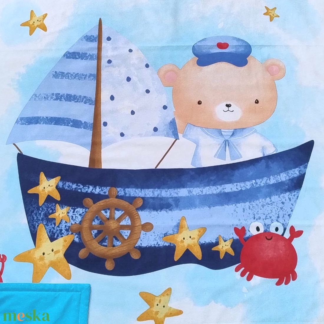 Tengerész macis ovis ágynemű szett - türkiz� töltött, pamut, egybevarrt - játék & sport - ovis felszerelés - ovis ágynemű - Meska.hu