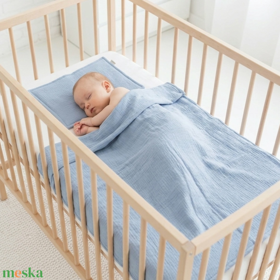 Baba ágynemű szett kiságyba � bélelt dupla géz (farmerkék-drapp) - baba - mama - baba ágynemű - szett kiságyba - Meska.hu