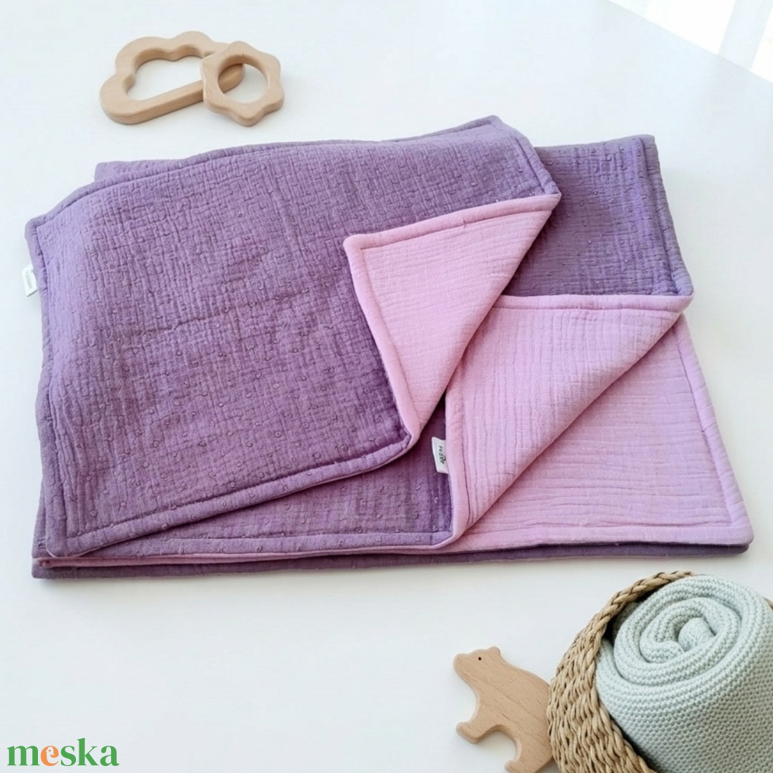 Baba ágynemű szett kiságyba � bélelt dupla géz (sötét mályva-rózsaszín) - baba - mama - baba ágynemű - szett kiságyba - Meska.hu