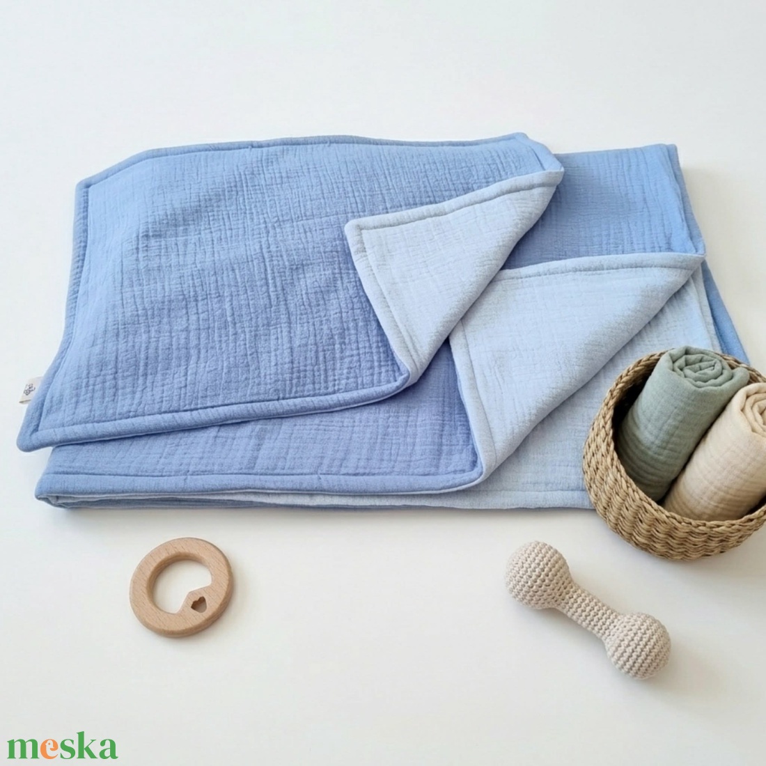 Baba ágynemű szett kiságyba � bélelt dupla géz (farmerkék-világoskék) - baba - mama - baba ágynemű - szett kiságyba - Meska.hu