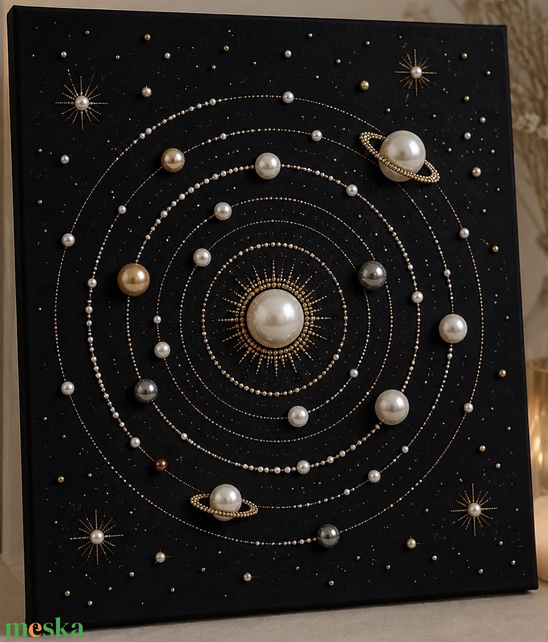 Fehér gyöngyös galaxis kör dekoráció fekete alapon - otthon & életmód - dekoráció - kép & falikép - vászonkép - Meska.hu