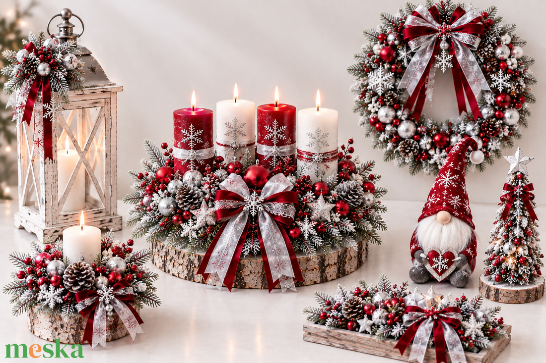 Piros-ezüst-fehér prémium adventi dekorációs szett � kézzel készített karácsonyi dísz - otthon & életmód - dekoráció - asztal és polc dekoráció - asztaldísz - Meska.hu