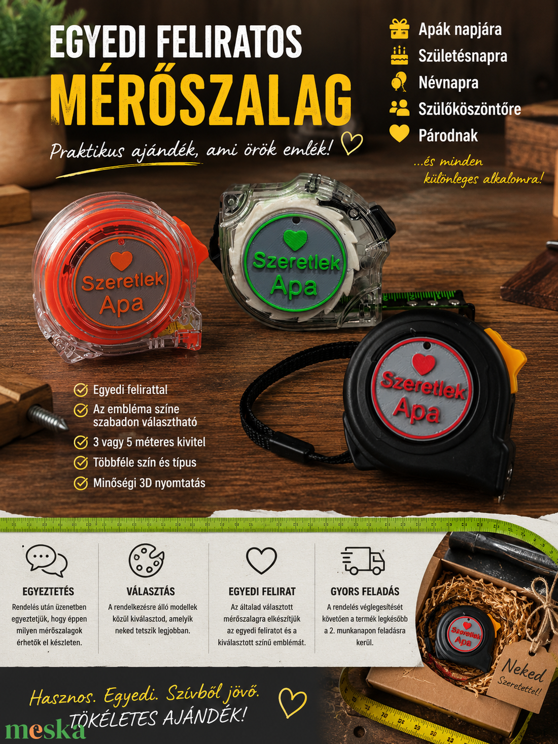 Mérőszalag, Névnap-születésnap-Apáknapjára - esküvő - emlék & ajándék - szülőköszöntő ajándék - Meska.hu