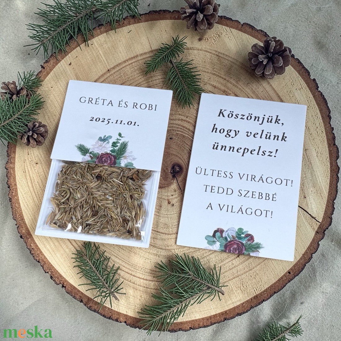 Esküvői köszönőajándék virágmag rózsaés fenyőág mintával- Evergreen Love - esküvő - emlék & ajándék - köszönőajándék - Meska.hu