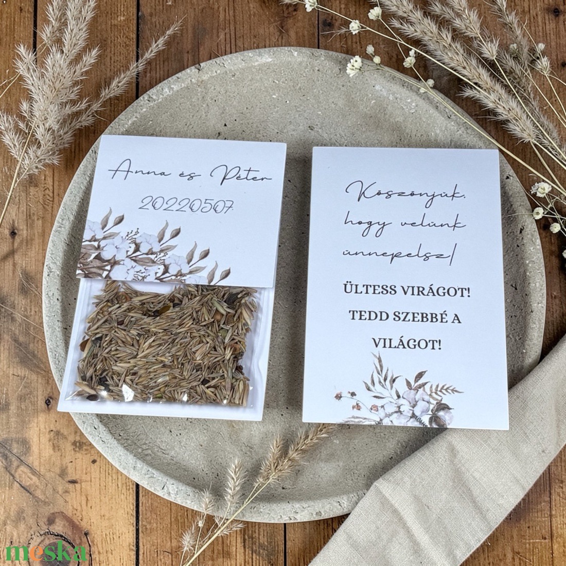 Esküvői köszönőajándék virágmag /gyapot és szárazvirág mintával/- Raw Silk - esküvő - emlék & ajándék - köszönőajándék - Meska.hu