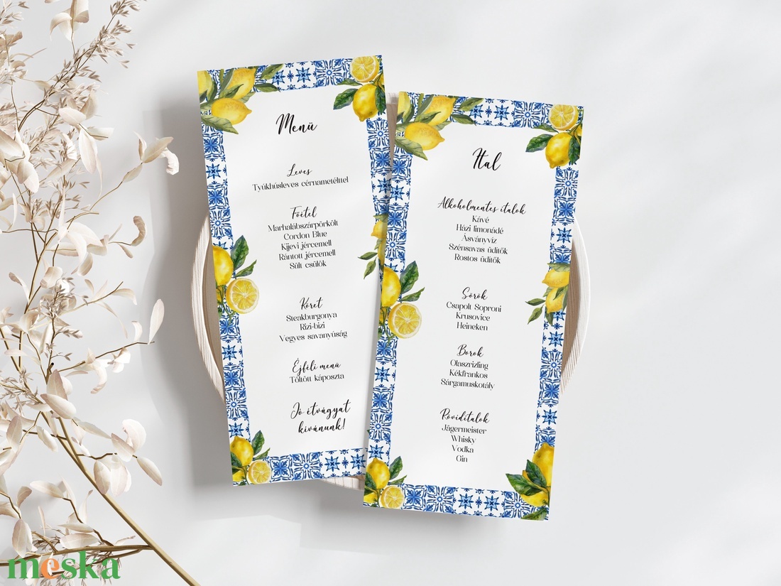 Esküvői menü és/vagy itallap/menüháromszög - Amalfi Ceramica (citromos, kék, amalfi part) - esküvő - meghívó & kártya - meghívó - Meska.hu