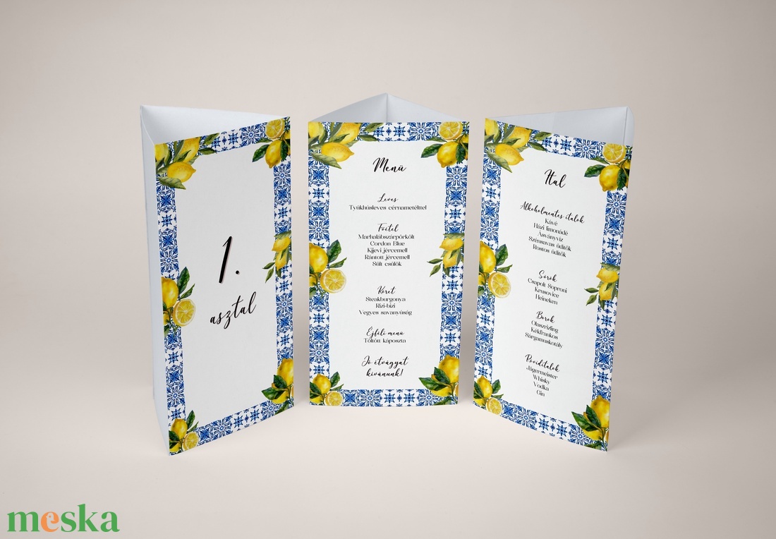 Esküvői menüháromszög/menülap/itallap/asztalszám - Amalfi Ceramica (citromos, kék, amalfi part) - esküvő - meghívó & kártya - meghívó - Meska.hu