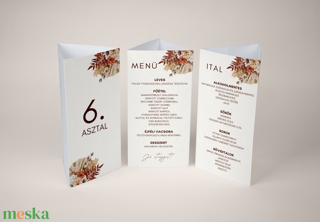 Esküvői menü és/vagy itallap/menüháromszög - Antique Bloom (Boho szárazvirágos) - esküvő - meghívó & kártya - meghívó - Meska.hu