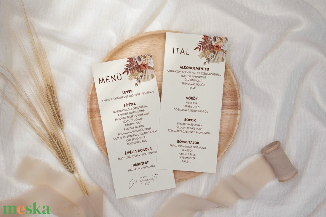 Esküvői menü és/vagy itallap/menüháromszög - Antique Bloom (Boho szárazvirágos) - esküvő - meghívó & kártya - meghívó - Meska.hu