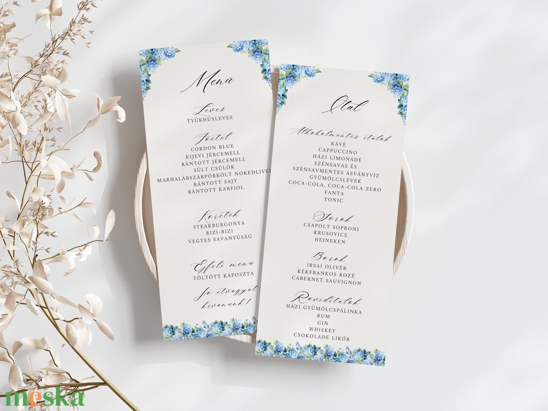 Esküvői menü és/vagy itallap/menüháromszög - Blue Dream (kék hortenzia) - esküvő - meghívó & kártya - meghívó - Meska.hu