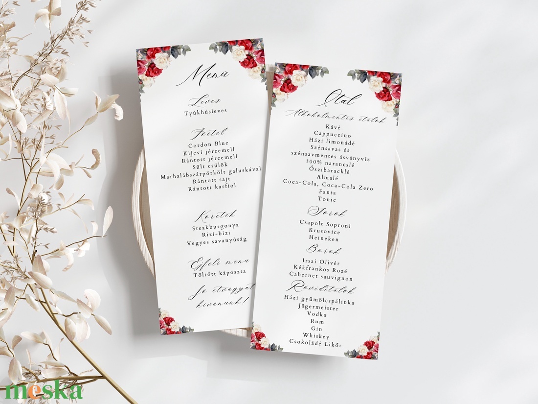Esküvői menü és/vagy itallap/menüháromszög - Essence (piros és fehér rózsás) - esküvő - meghívó & kártya - meghívó - Meska.hu