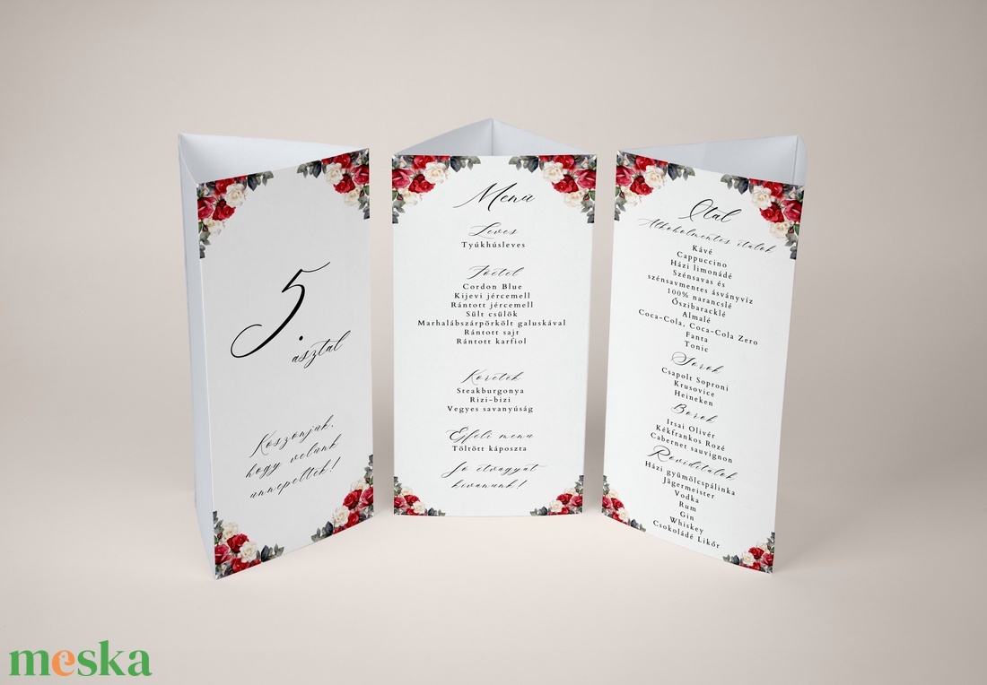 Esküvői menüháromszög/menülap/itallap/asztalszám - Essence (piros és fehér rózsás) - esküvő - meghívó & kártya - meghívó - Meska.hu