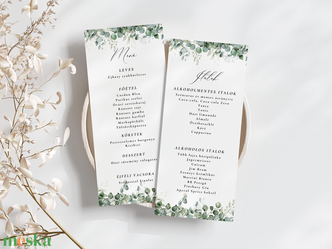 Esküvői menü és/vagy itallap/menüháromszög - Eucalypt Blom(eukaliptuszos zöld) - esküvő - meghívó & kártya - meghívó - Meska.hu