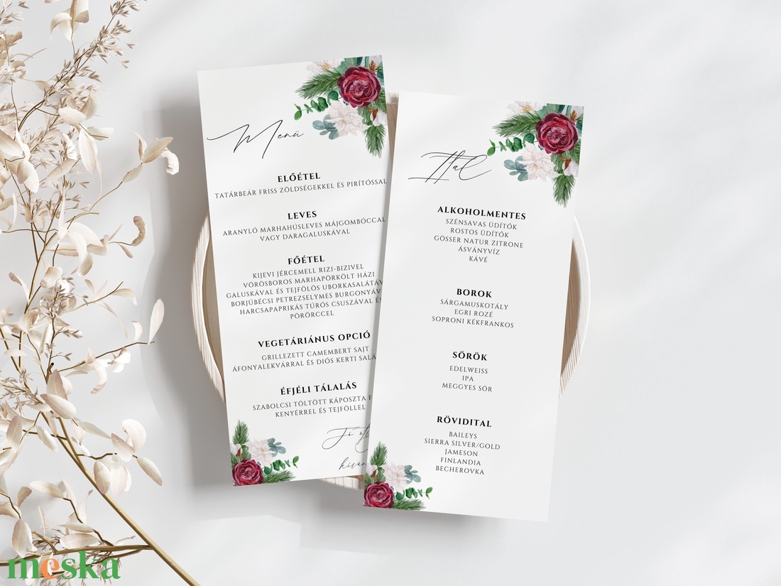 Esküvői menü és/vagy itallap/menüháromszög - Evergreen Love (fenyős bordó) - esküvő - meghívó & kártya - meghívó - Meska.hu