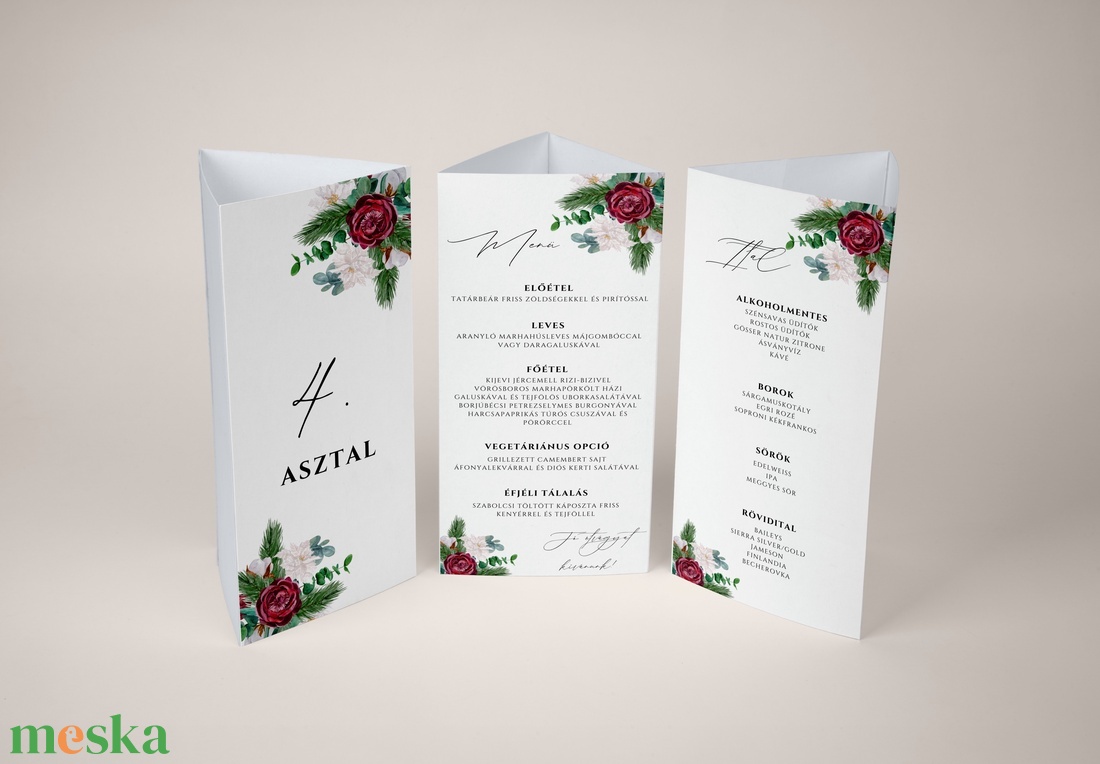 Esküvői menü és/vagy itallap/menüháromszög - Evergreen Love (fenyős bordó) - esküvő - meghívó & kártya - meghívó - Meska.hu
