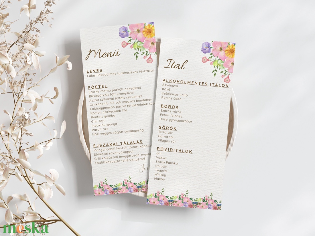 Esküvői menü és/vagy itallap/menüháromszög - Garden Joy (tavaszi kerti viragos) - esküvő - meghívó & kártya - meghívó - Meska.hu