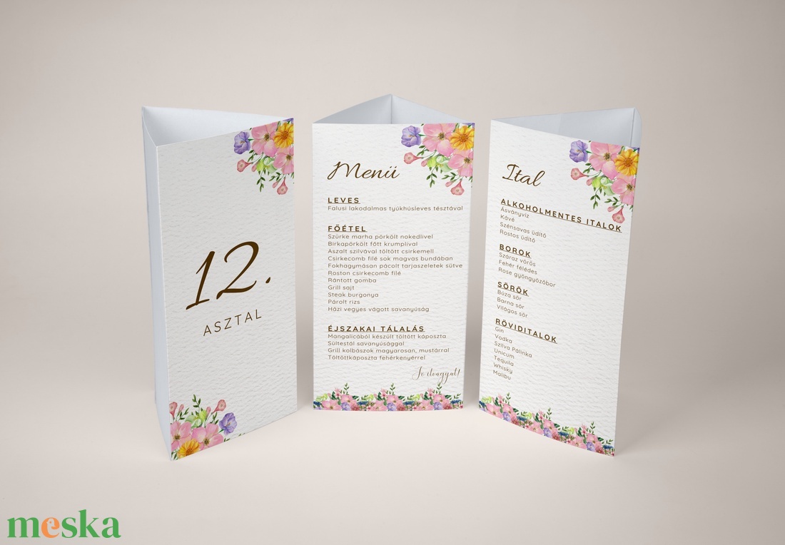 Esküvői menü és/vagy itallap/menüháromszög - Garden Joy (tavaszi kerti viragos) - esküvő - meghívó & kártya - meghívó - Meska.hu
