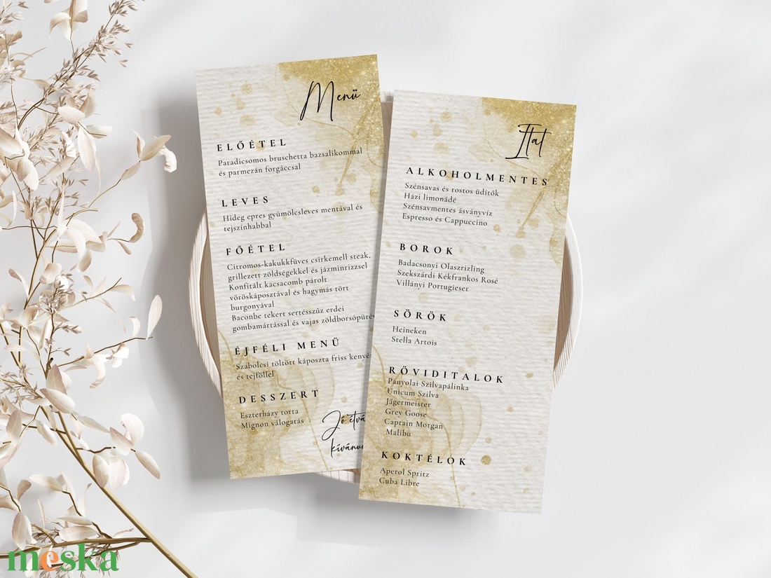Esküvői menü és/vagy itallap/menüháromszög - Golden Glow (arany csillogó) - esküvő - meghívó & kártya - meghívó - Meska.hu