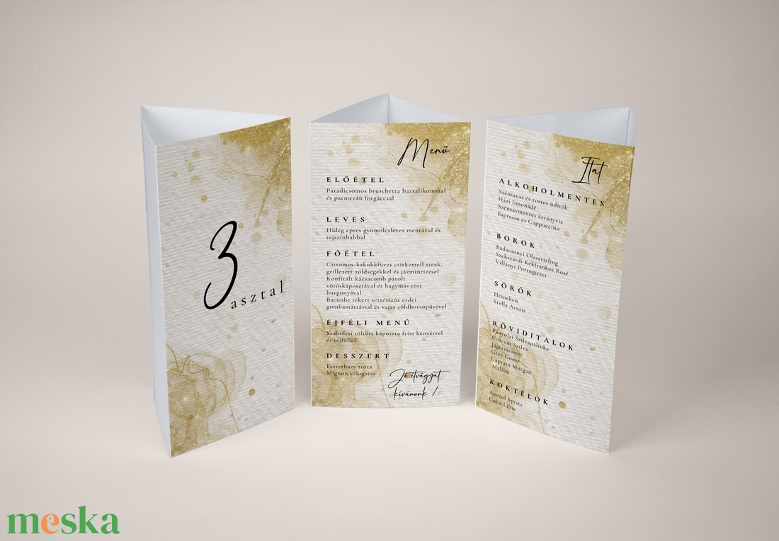 Esküvői menü és/vagy itallap/menüháromszög - Golden Glow (arany csillogó) - esküvő - meghívó & kártya - meghívó - Meska.hu